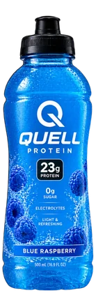 An electric blue QUELL sports bottle, Blue Raspberry