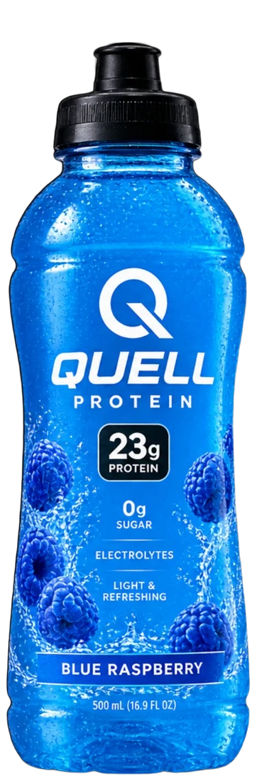 An electric blue QUELL sports bottle, Blue Raspberry