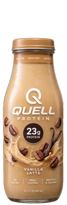 A pale coffee tan QUELL glass bottle, Vanilla Latte