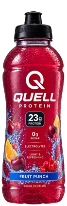 A deep red QUELL sports bottle, Fruit Punch