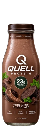 A chocolate brown QUELL glass bottle, Thin Mint Chocolate